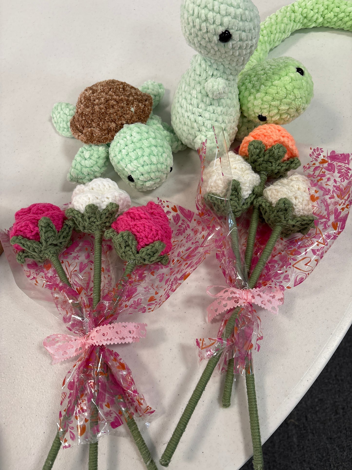 Crochet plushies and roses